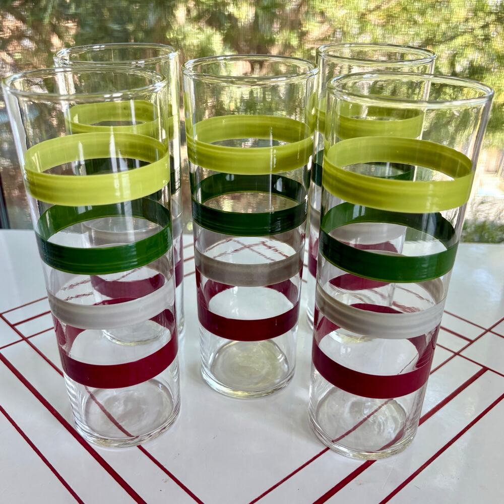 Set of 5 Federal Glass Tumblers Color Band Mid Century Drinking Glasses
